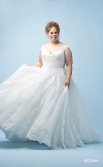 A bride wearing a Cinderella inspired ball gown featuring a V neckline and lace detail