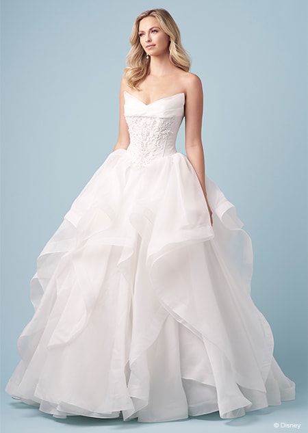 A bride wearing a strapless Cinderella inspired ball gown featuring an embroidered bodice and a shallow V neckline