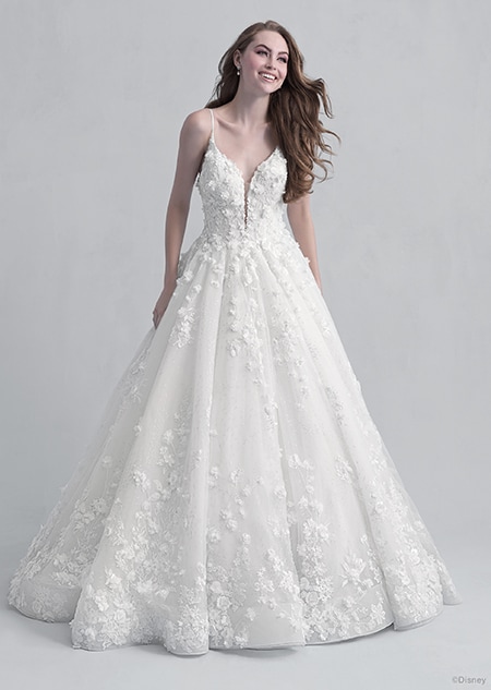 A woman dressed in the Snow White wedding gown from the 2021 Disney Fairy Tale Weddings Platinum Collection
