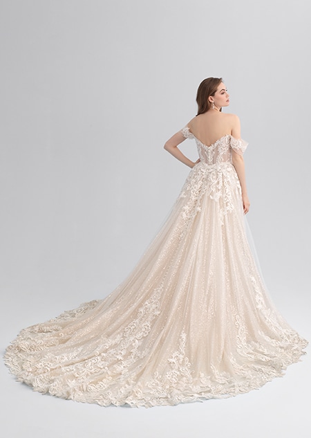 A woman looking over her shoulder wearing a lacy wedding dress with a long trail