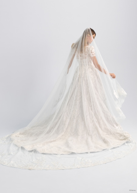 The back of a  wedding dress with short sleeves and a long train inspired by Cinderella