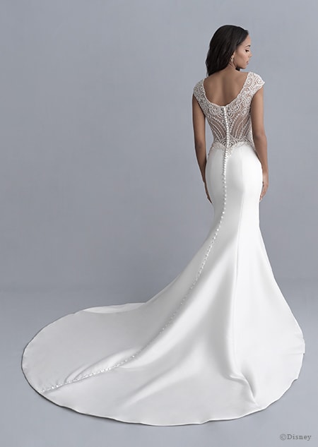 A back side view of a woman wearing the Jasmine wedding gown from the 2020 Disney Fairy Tale Weddings Platinum Collection