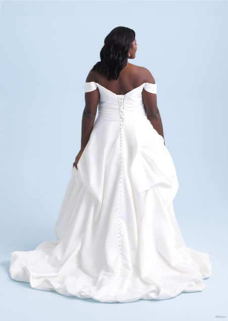 The back of an off the shoulder wedding dress inspired by Belle from Beauty and the Beast
