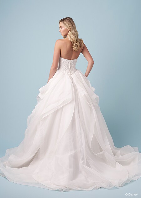 The back of bride wearing a strapless Cinderella inspired ball gown featuring an embroidered bodice