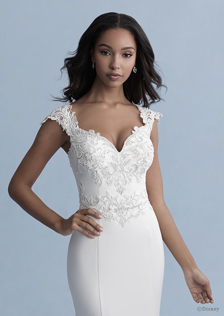 A woman in the Jasmine wedding gown from the 2020 Disney Fairy Tale Weddings Collection