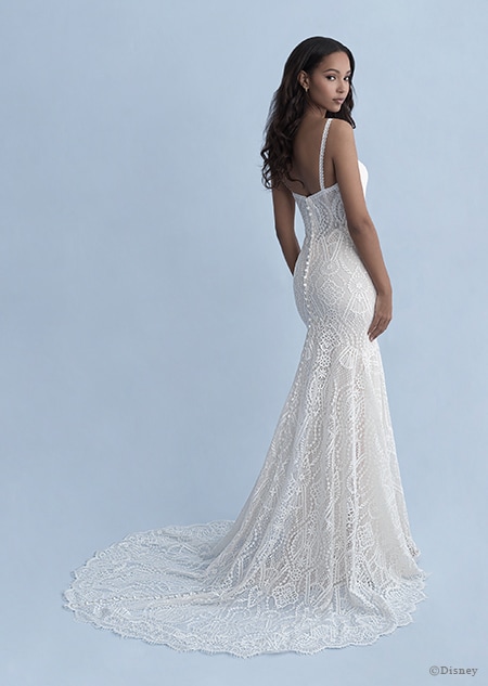A back side view of a woman wearing the Pocahontas wedding gown from the 2020 Disney Fairy Tale Weddings