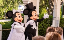 Minnie Mouse and Mickey Mouse holding hands and waving as they walk down the aisle at a Disney wedding