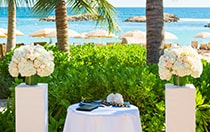 In a garden setting, 2 pillars topped with rose bouquets flank a table holding a book, 2 kukui nut leis and a conch shell