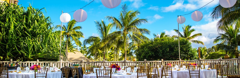 Lanterns hang from wires over a wedding reception