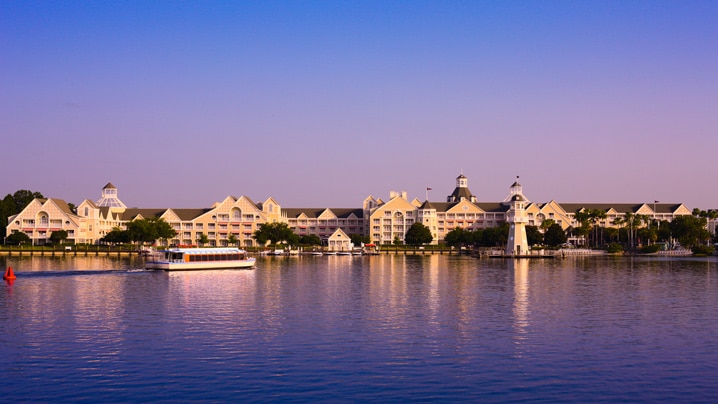Disney's BoardWalk and Crescent Lake, illuminated at night
