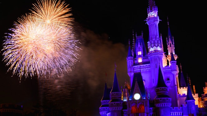 Fireworks at the castle at Tokyo Disneyland