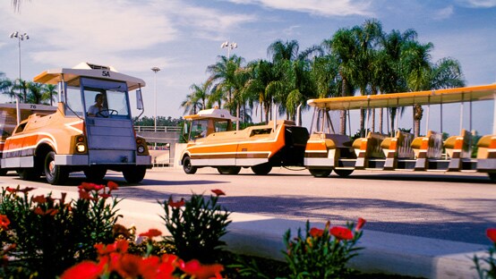 Two trams in a parking lot