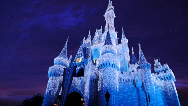 Cinderella Castle lit up at night