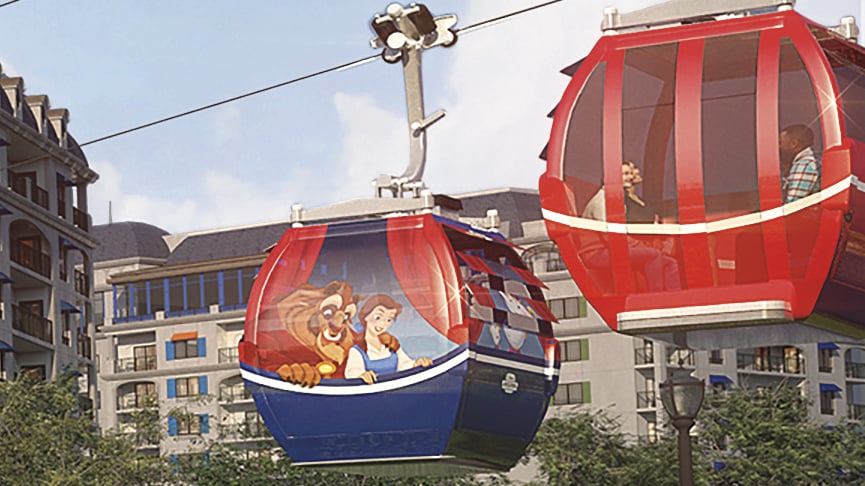 An artist rendering shows guests riding in a Disney Skyliner gondola past Disney’s Riviera Resort