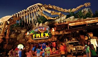T-rex restaurant The entrance to T-REX restaurant featuring a giant T-Rex skeleton