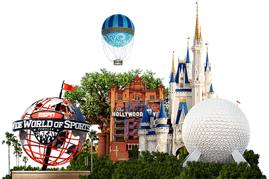 ESPN Wide World of Sports - Options ESPN Wide World of Sports Complex logo, The Twilight Zone Tower of Terror, Cinderella Castle and Spaceship Earth