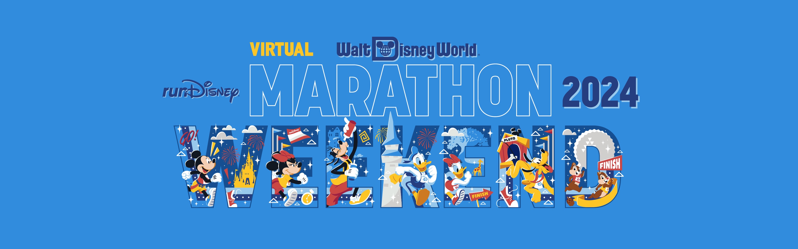 Artwork for the Virtual Walt Disney World Marathon Weekend featuring characters such as Mickey Mouse