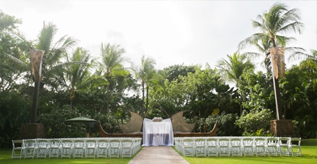 Wedding staging with chairs and trees at Aulani, a Disney Resort & Spa, in Kapolei, Hawaii